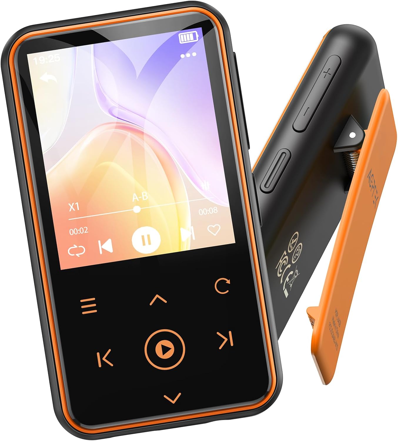 Front view of AGPTEK MP3 player with orange trim, displaying a colorful interface.