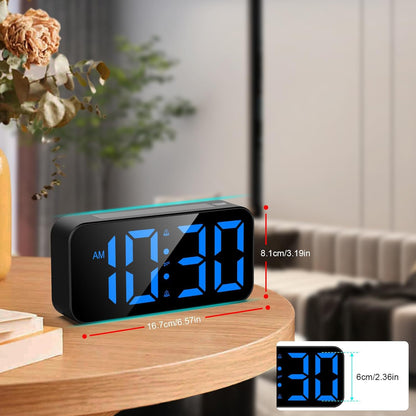 Topski alarm clock dimensions with a clear LED screen and compact design for bedside use.