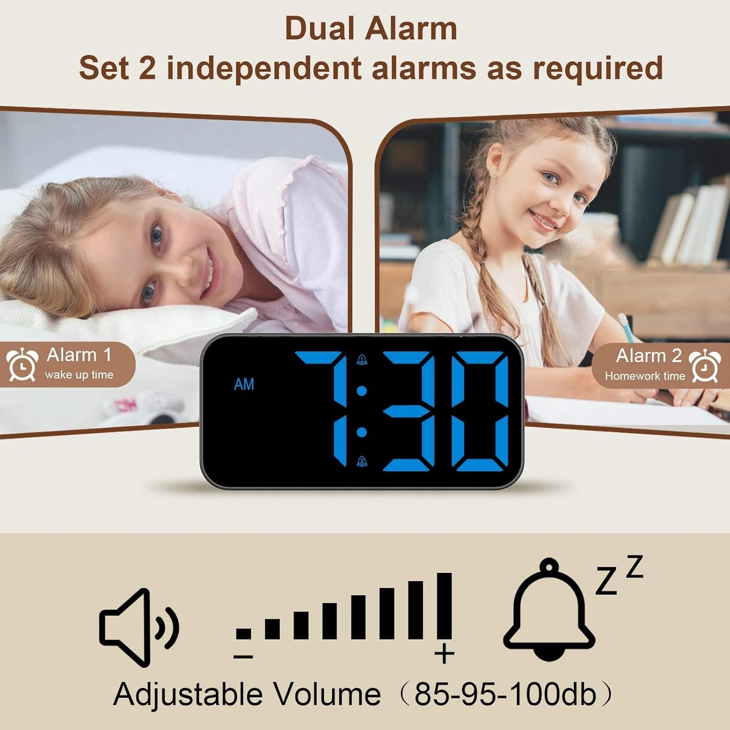 Topski alarm clock showing dual alarm function and adjustable sound volume for customization.