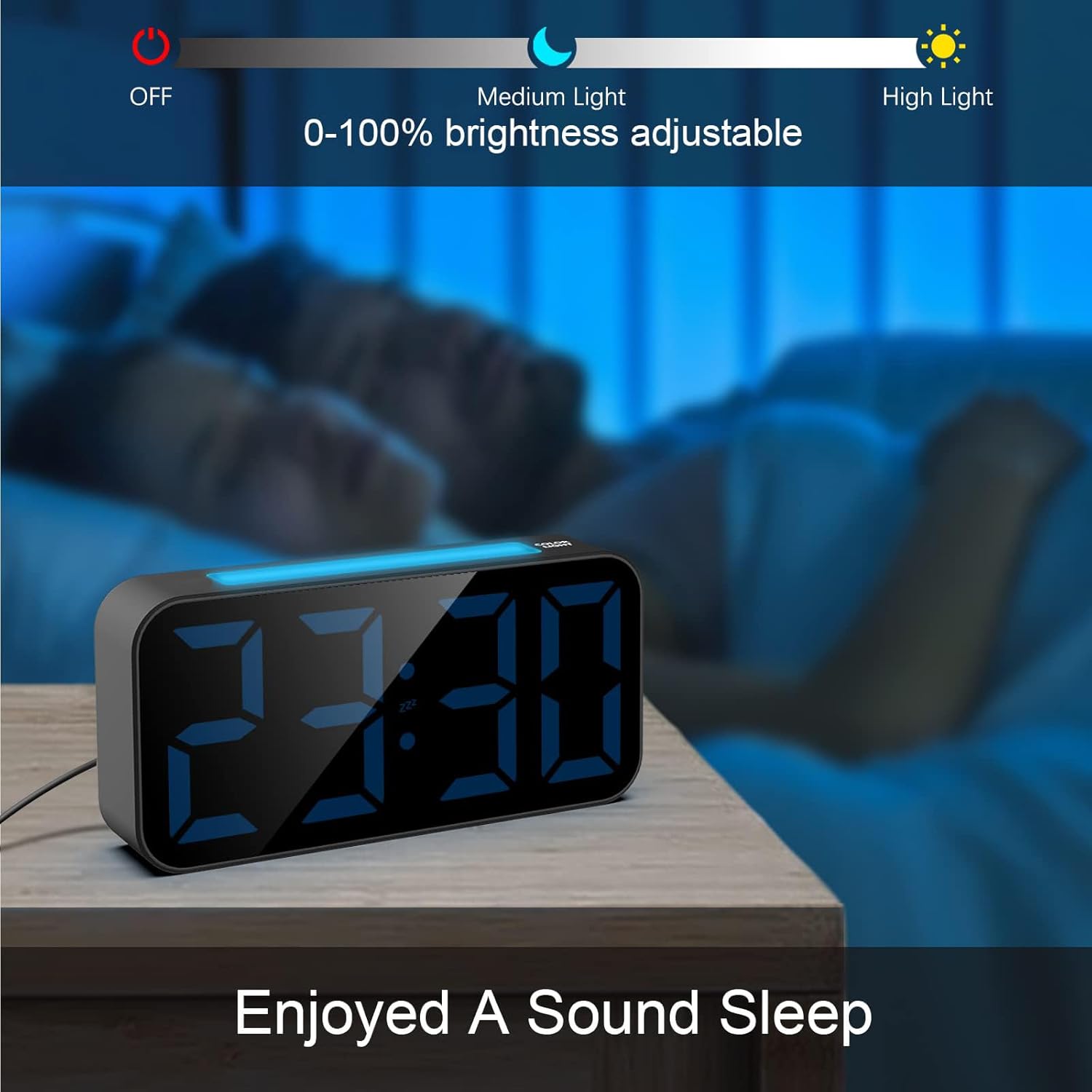 Topski alarm clock in a bedroom setting, showcasing its adjustable night light.