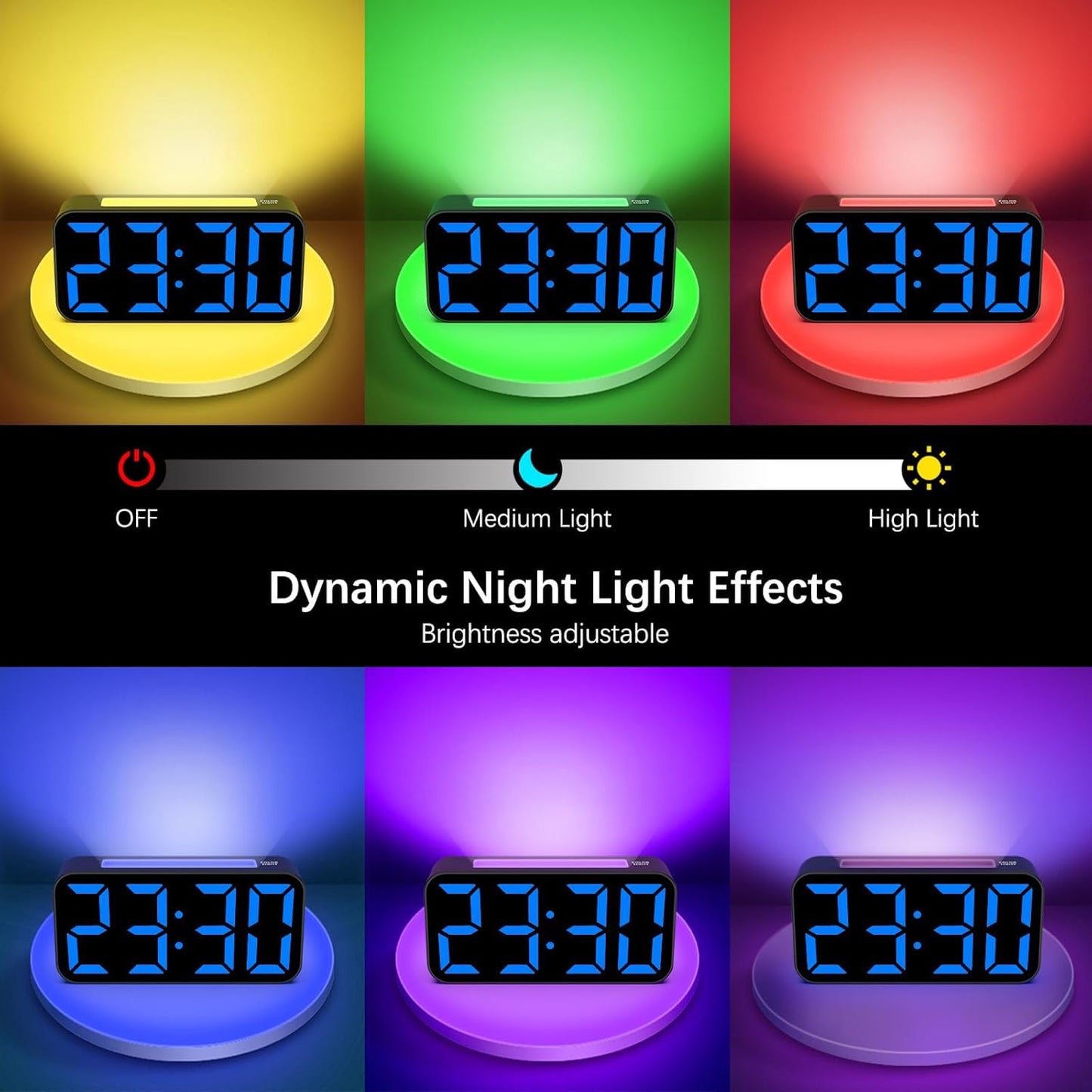 Topski alarm clock with 7-color night light options and adjustable brightness settings.