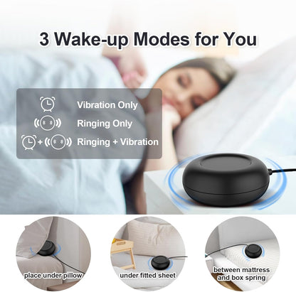 Topski alarm clock with bed shaker showing 3 wake-up modes: vibration, sound, or both.