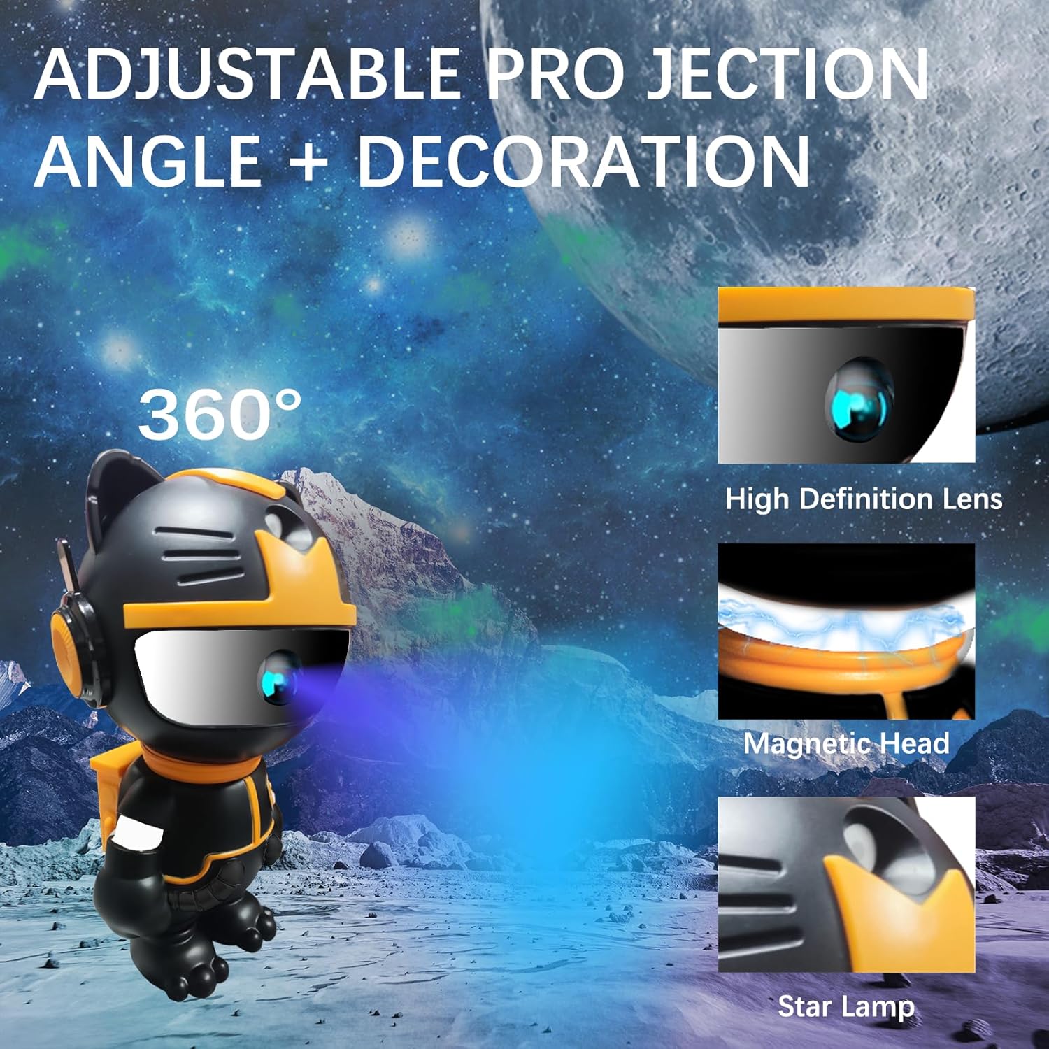 Astronaut cat projector with 360° adjustable projection angles.