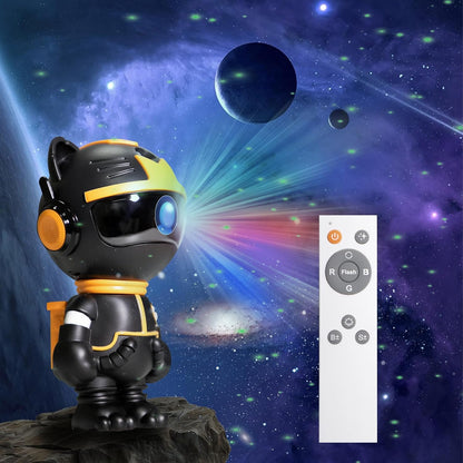 Astronaut cat projector displaying colorful galaxy effect with remote control.