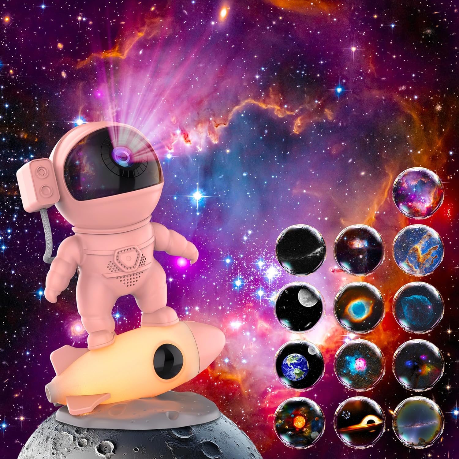 Front view of an astronaut-shaped galaxy projector with a starry background, displaying projection discs and colorful night light options.