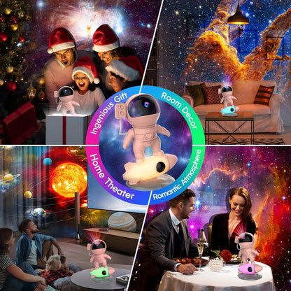 Family gathered around an astronaut-shaped projector, projecting colorful space images as a holiday gift and decoration.