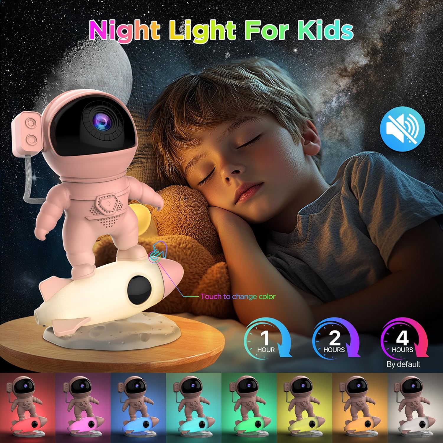 A child peacefully sleeping beside an astronaut-shaped night light projecting colorful space scenes.