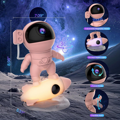 Astronaut projector on a moon-like base with detailed measurements and feature highlights, such as a magnetic head and focus knob.