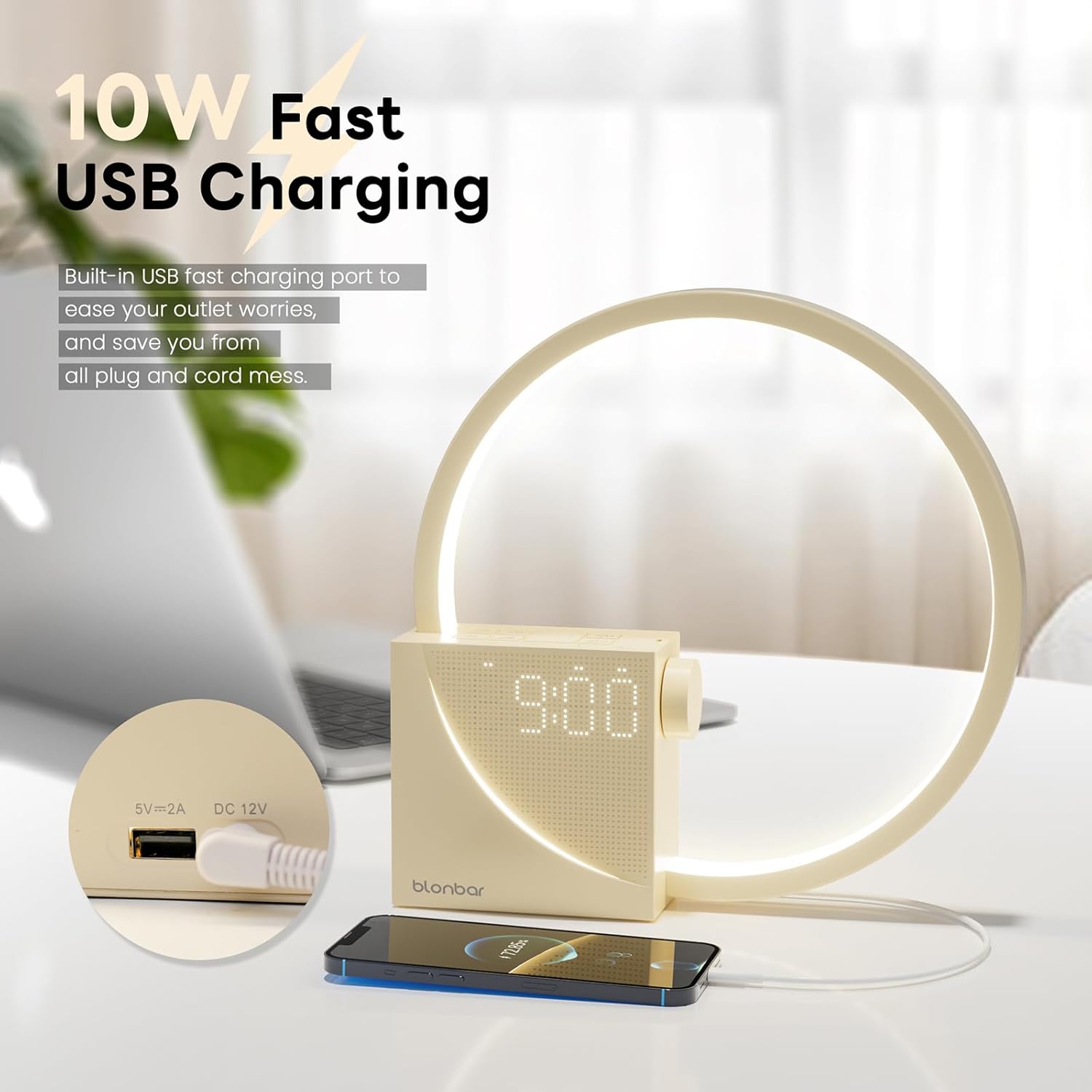 Blonbar alarm clock with fast 10W USB charging, phone connected.