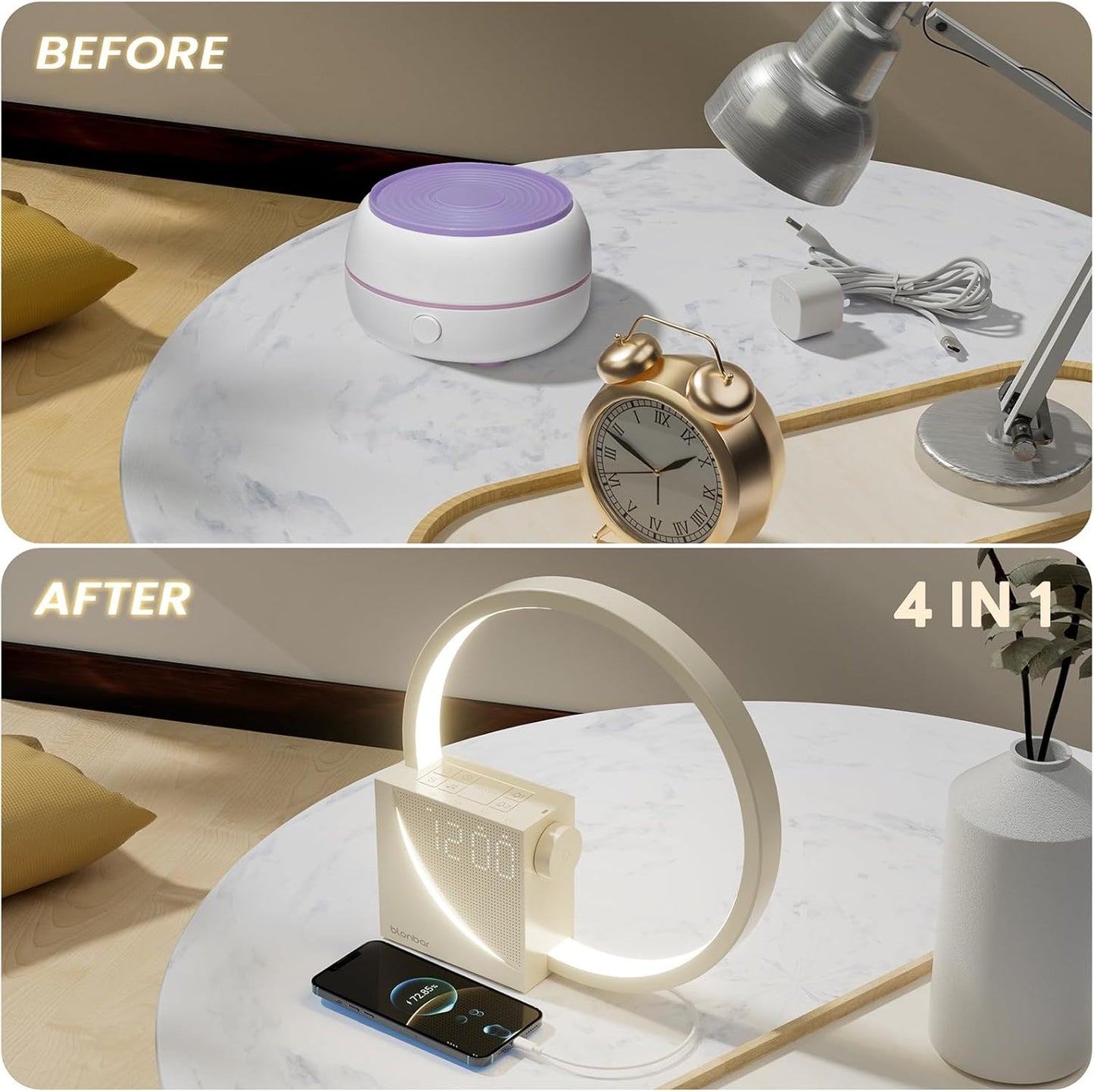 Comparison of bedside clutter before and after using the Blonbar 4-in-1 alarm clock.