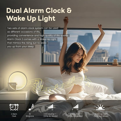 Woman waking up next to a Blonbar alarm clock with wake-up light feature.