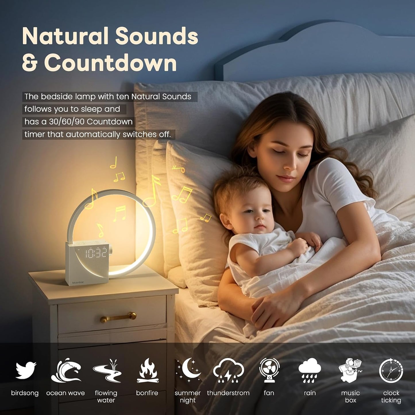 Blonbar alarm clock on a nightstand playing natural sleep sounds with timer countdown.