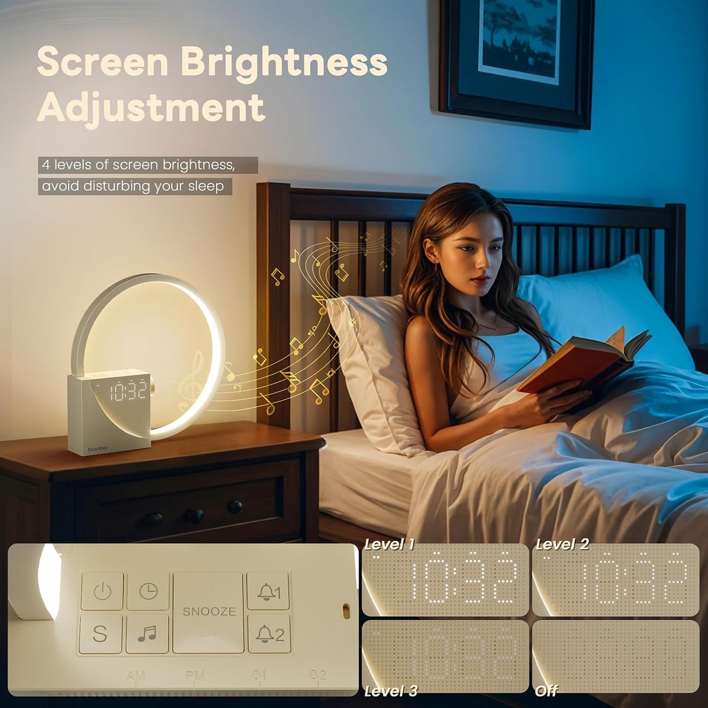 Blonbar clock showing 4 levels of screen brightness to minimize sleep disturbance.