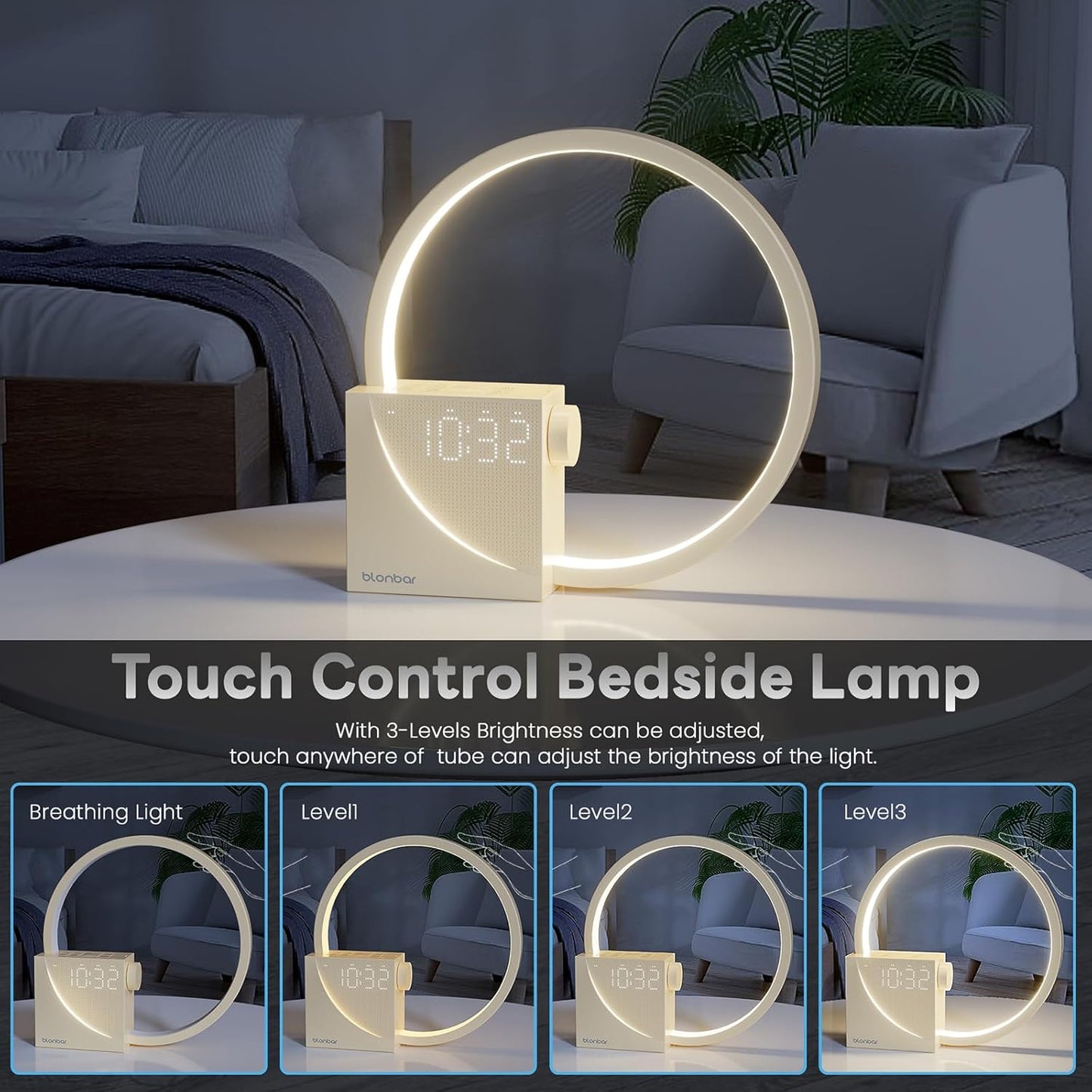 Blonbar bedside lamp with touch control, showing different brightness levels.