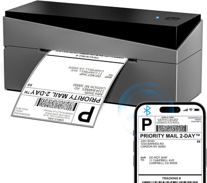 Bluetooth thermal label printer printing a shipping label, compact design with smartphone Bluetooth connection.