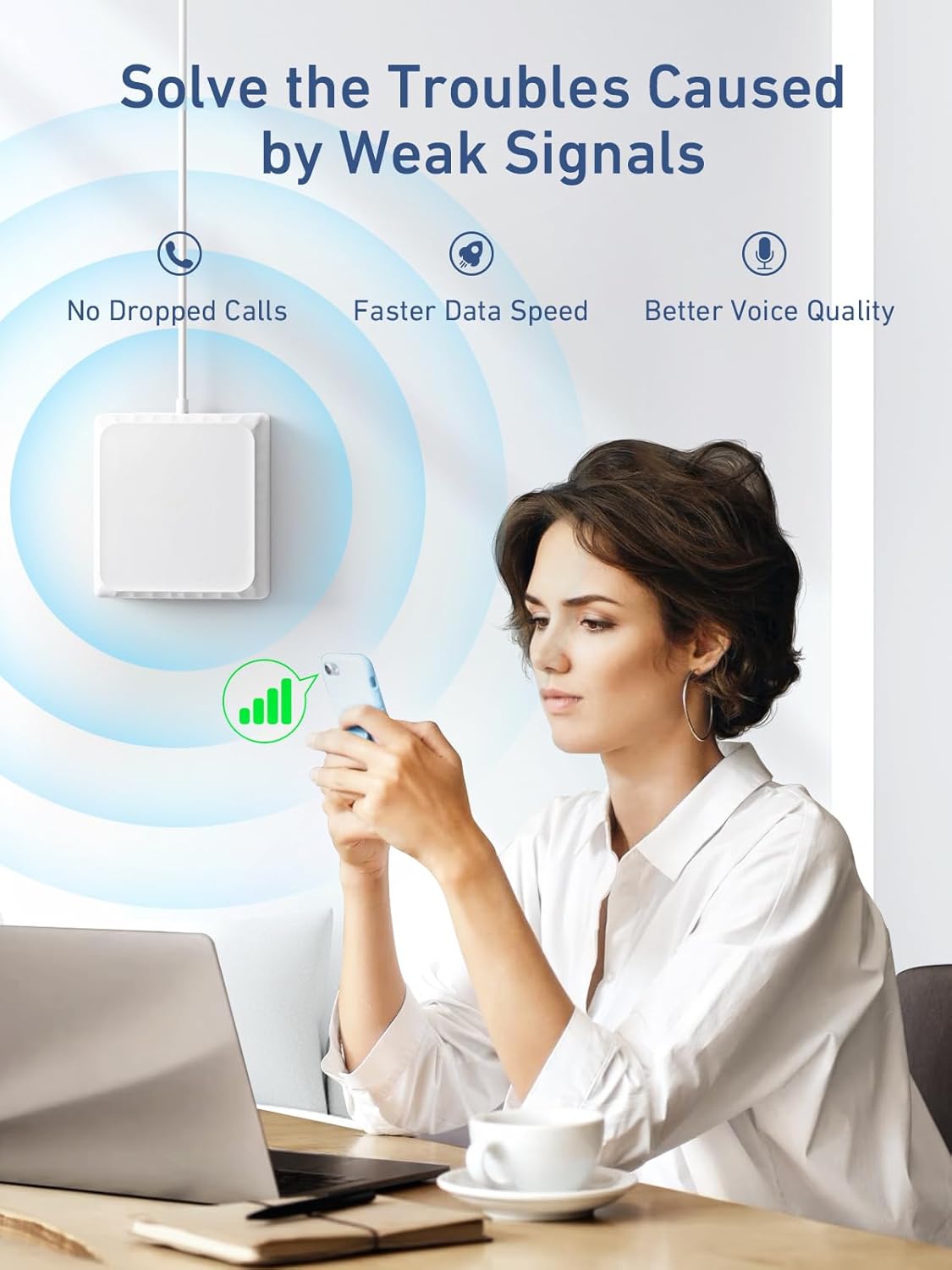 Person using phone with INVCALL booster, which improves voice quality and data speed by enhancing signal.