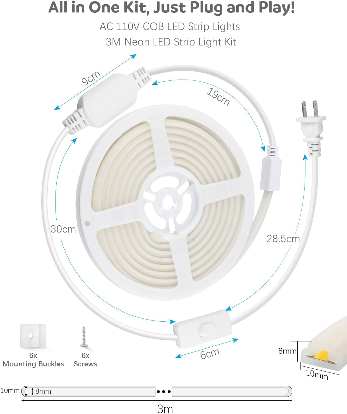 COB LED strip light kit with dimensions and included accessories such as mounting clips and screws.