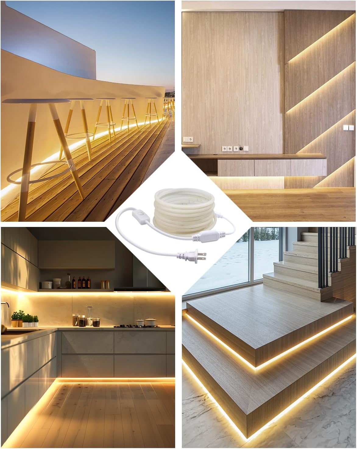 Examples of warm white COB LED strip light installed in various indoor and outdoor settings, including kitchens and staircases.