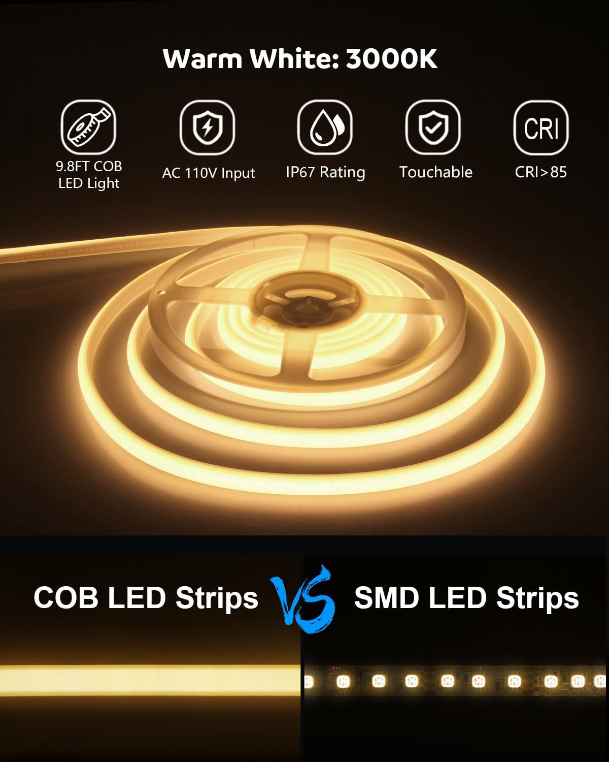 Comparison of COB LED strip and SMD LED strip, highlighting the seamless illumination of COB LEDs with a warm white glow.