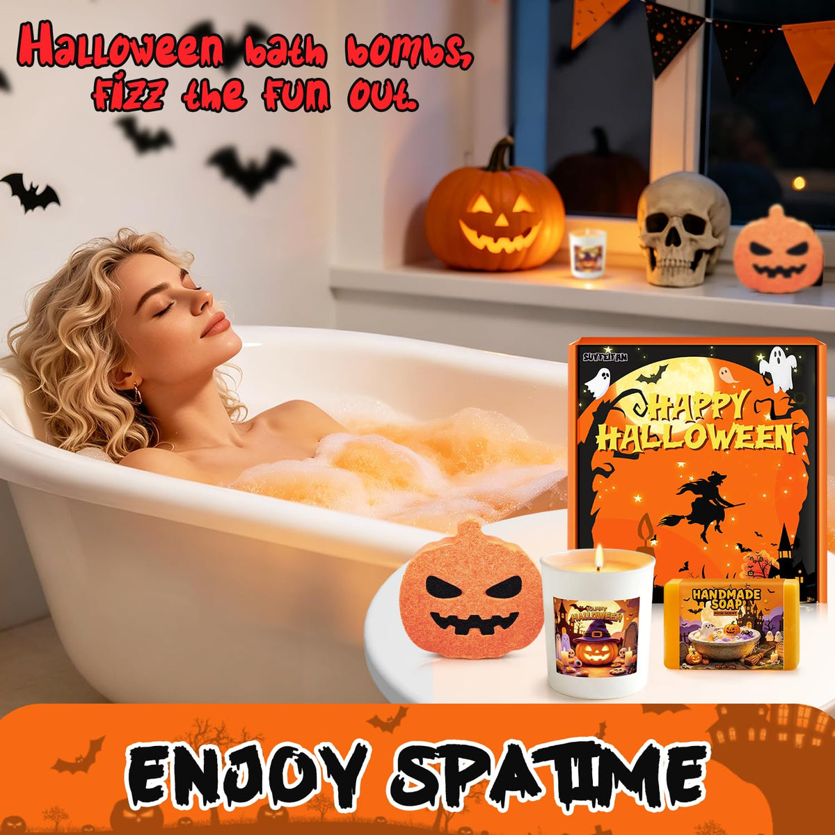 Halloween gift set displayed beside a relaxing bath with spooky themed accessories