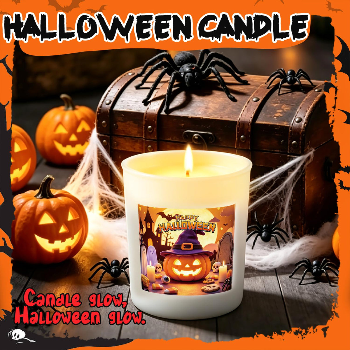 Halloween scented candle with pumpkin illustration and spooky seasonal decorations