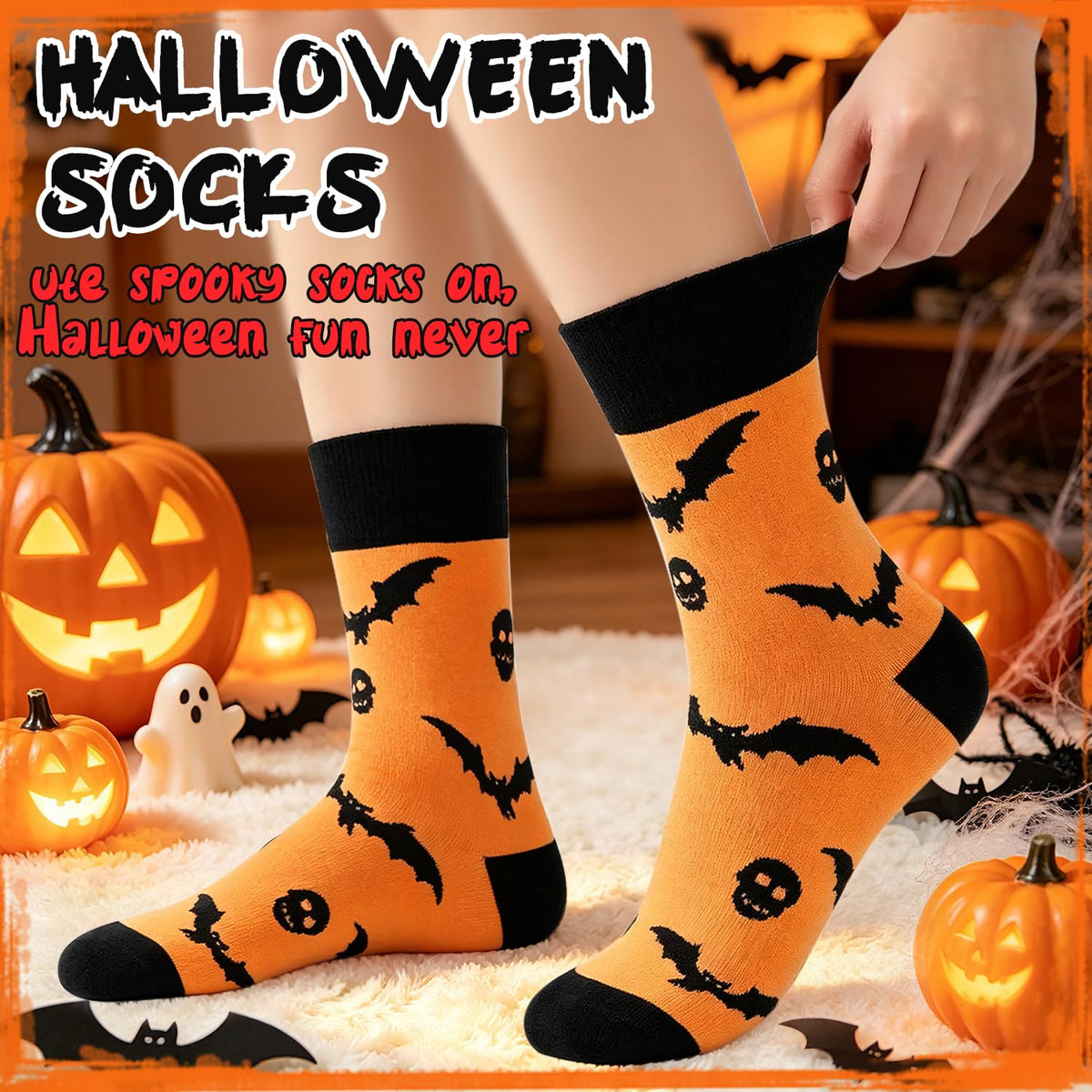 Orange and black Halloween socks with bats and pumpkin motifs