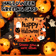 Halloween greeting card with pumpkins, ghosts, bats and Happy Halloween message