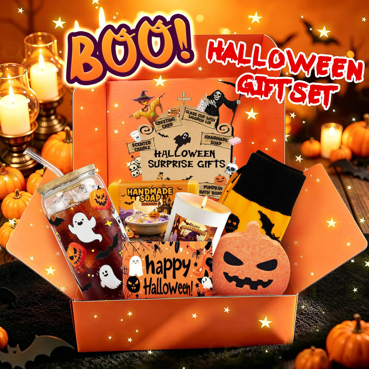 Halloween Boo gift box with festive self-care accessories and seasonal treats