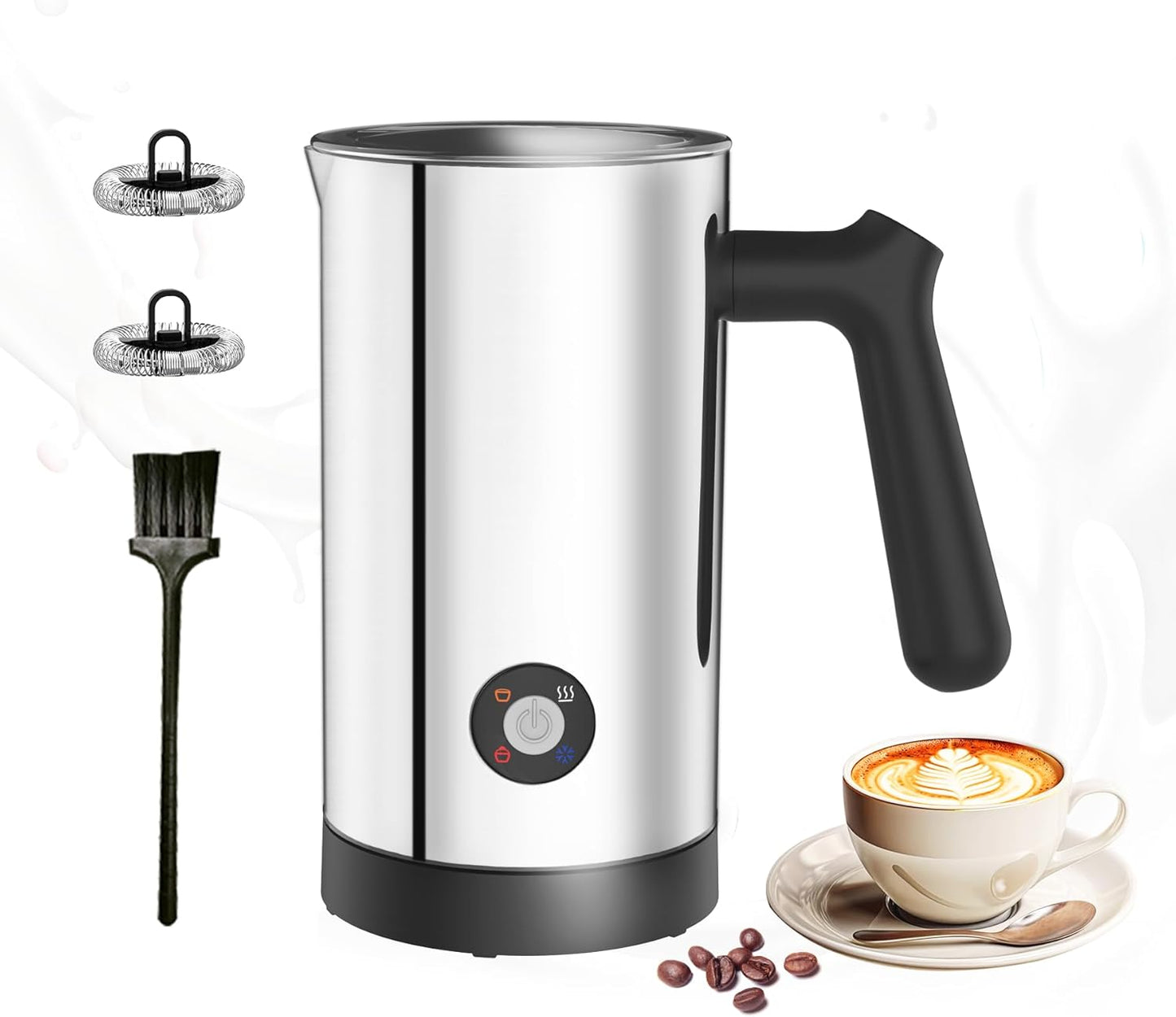 Casimhu 4-in-1 stainless steel milk frother with large handle, shown with two frothing whisks, cleaning brush, and a latte cup.