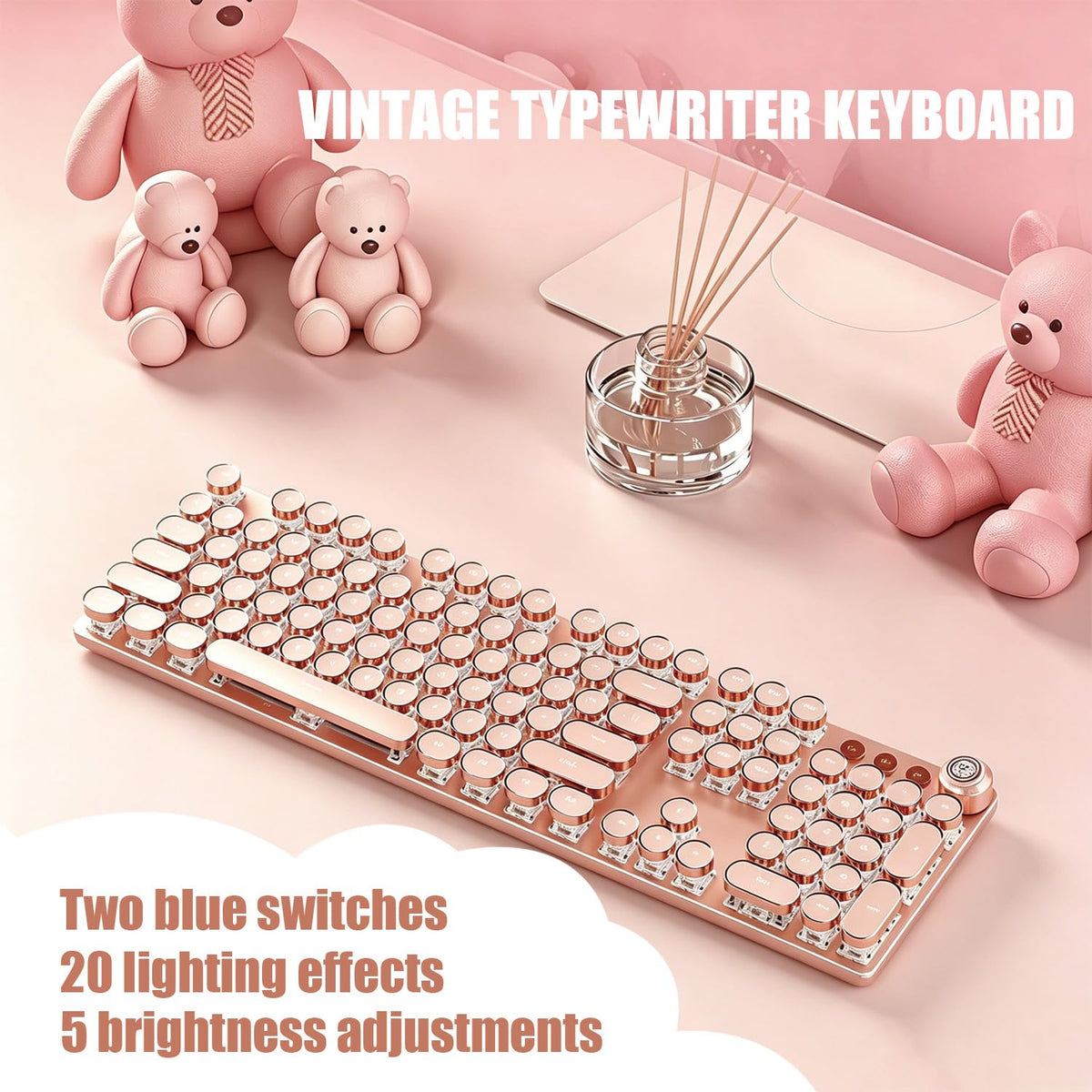 Vintage pink typewriter keyboard with 20 LED lighting effects and 5 brightness levels