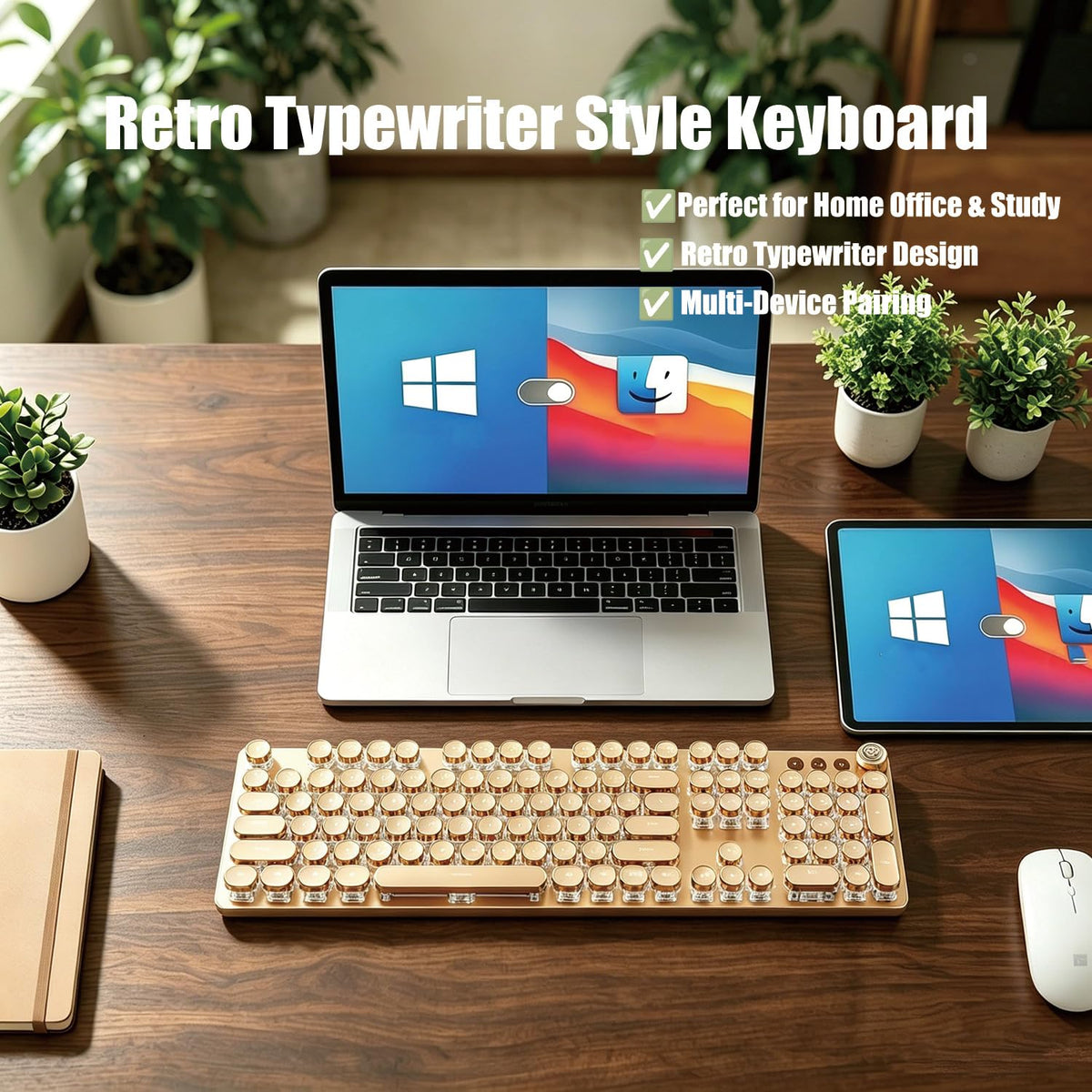 Retro typewriter style pink USB keyboard for home office, PC and study setup