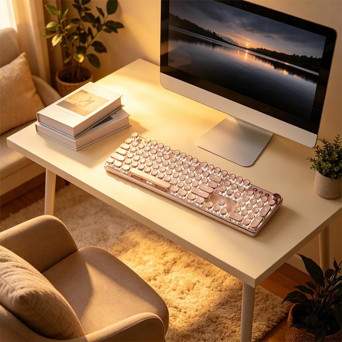 Aesthetic cream pink typewriter keyboard in a warm home desktop workspace