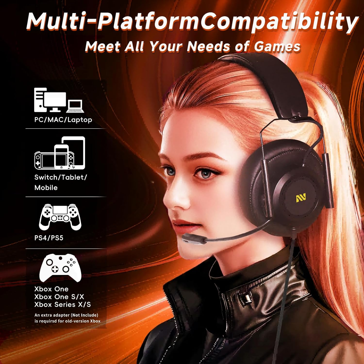 Infographic showing multi-platform compatibility of the COLUSI M21 headset, compatible with PS5, PS4, Xbox, PC, and more.