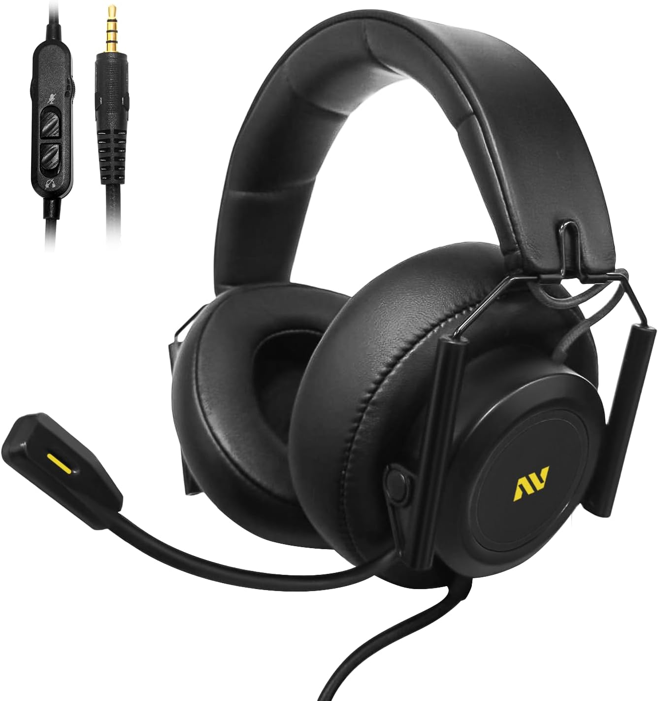 Front view of the black and gold COLUSI M21 gaming headset with a noise-cancelling mic and foldable design.