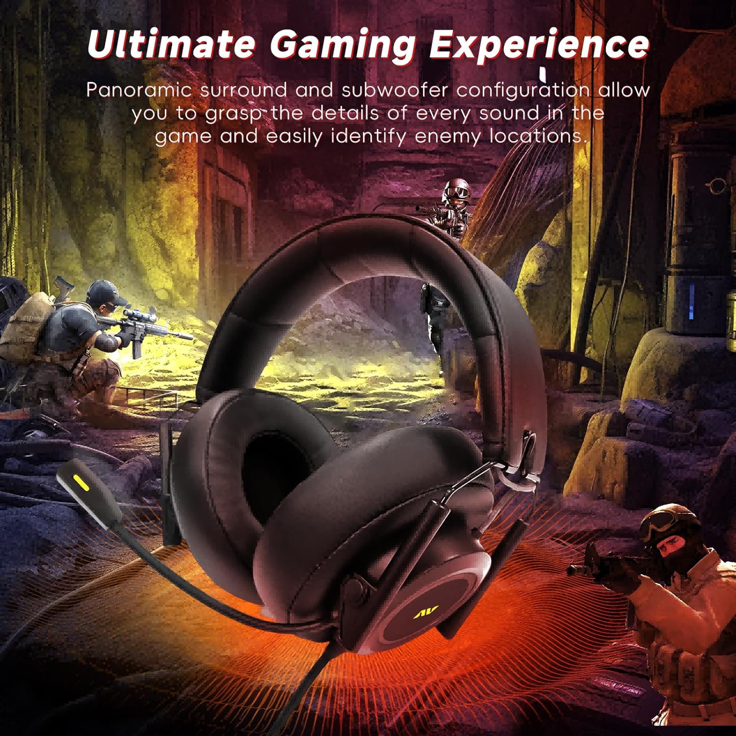 The COLUSI M21 headset featured in an intense gaming scene with vibrant colors.