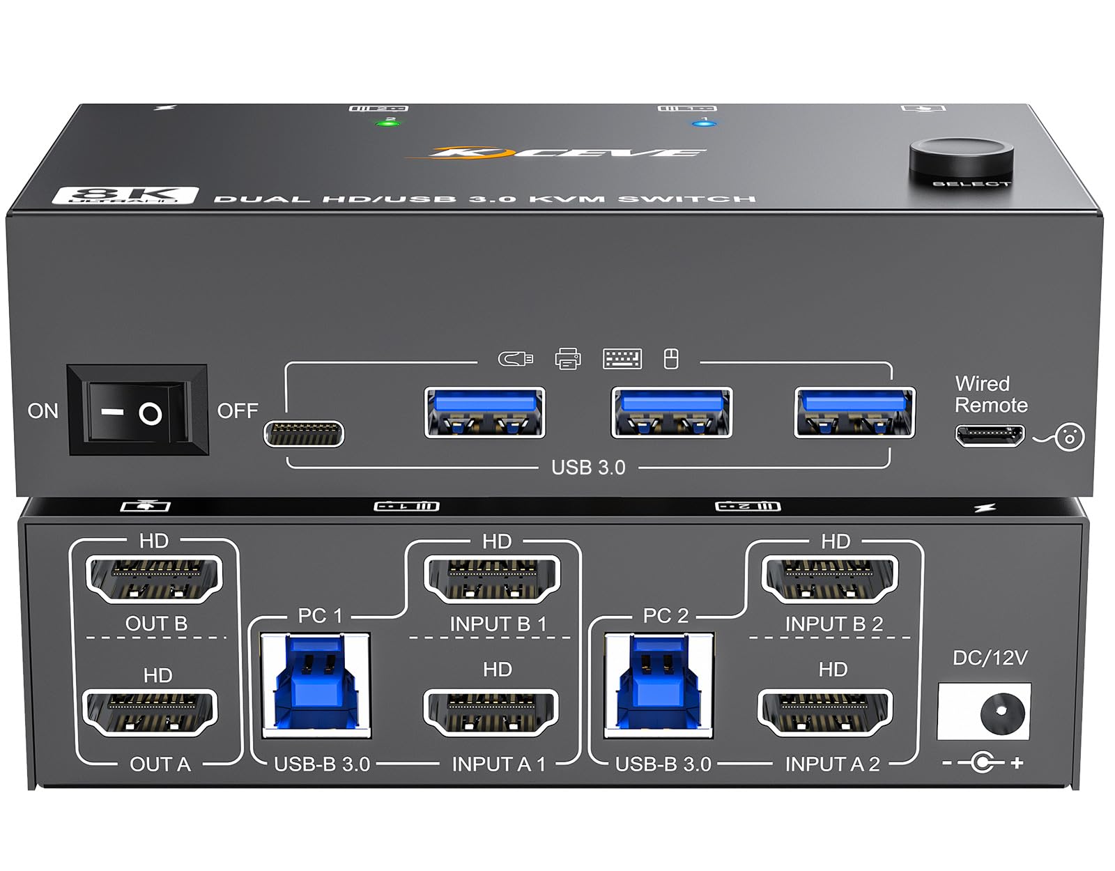 8K dual monitor HDMI KVM switch for 2 PCs with USB 3.0