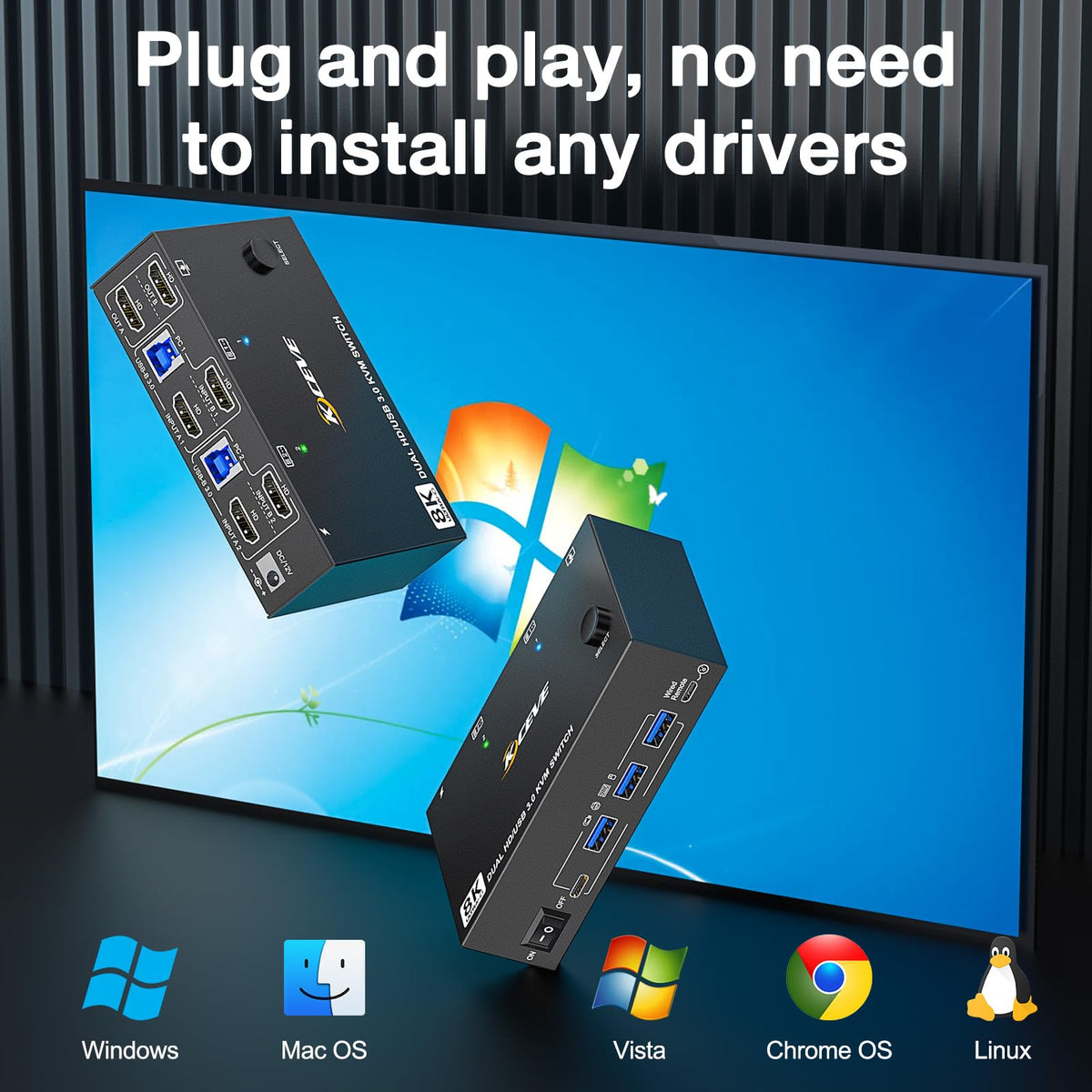 Plug and play 8K HDMI KVM switch for multiple operating systems
