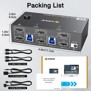 8K dual monitor KVM switch with USB cables, power adapter and remote