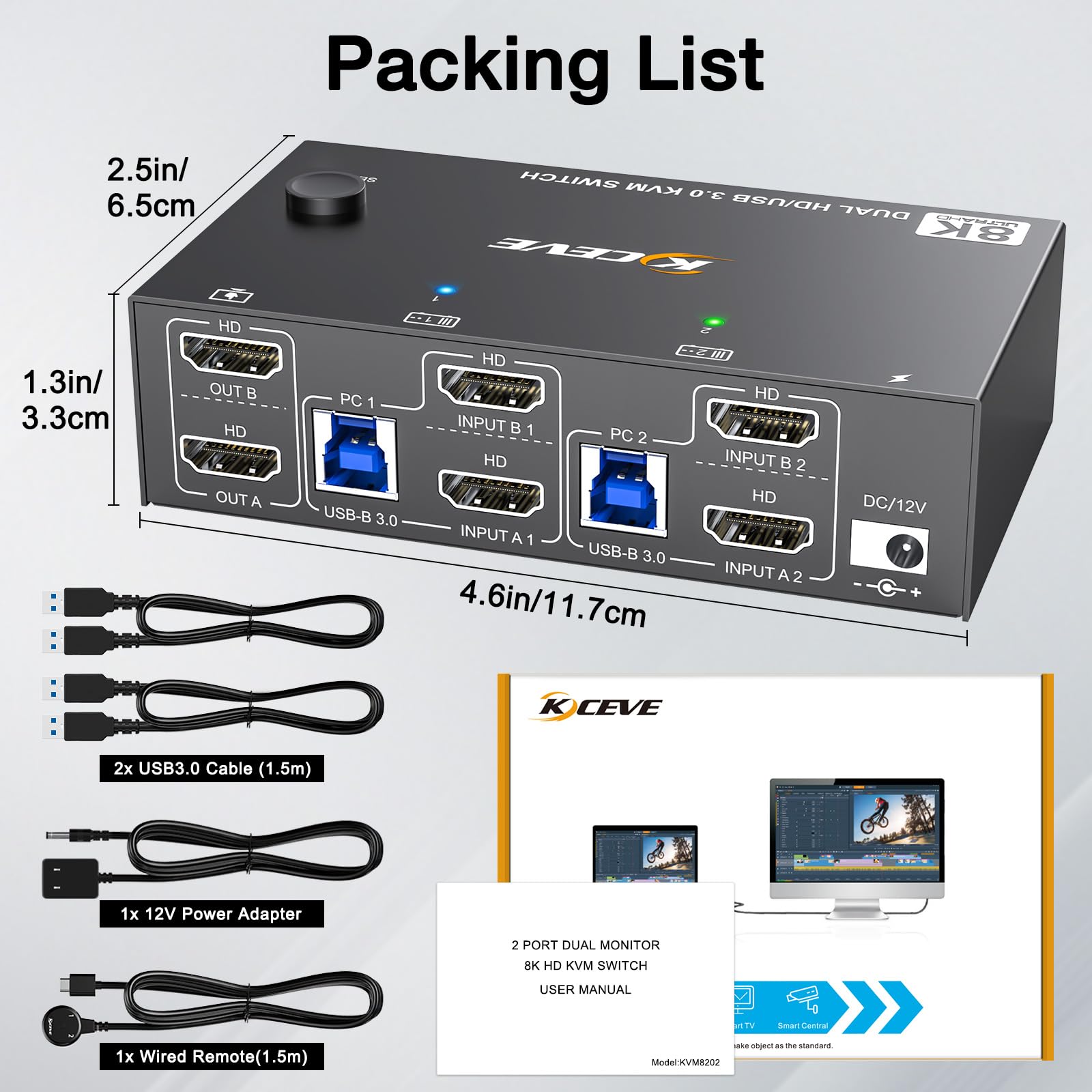 8K dual monitor KVM switch with USB cables, power adapter and remote