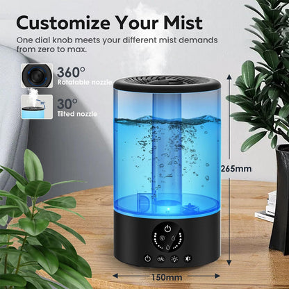 Cool mist humidifier with a 360° rotatable nozzle for customized mist direction.