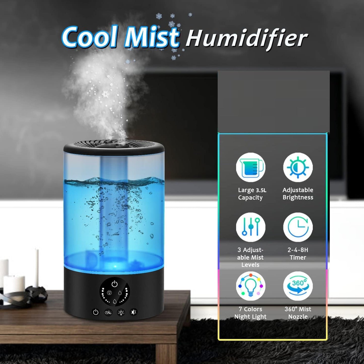 Cool mist humidifier releasing mist, highlighting features such as 3.5L capacity, adjustable brightness, and 360° nozzle.