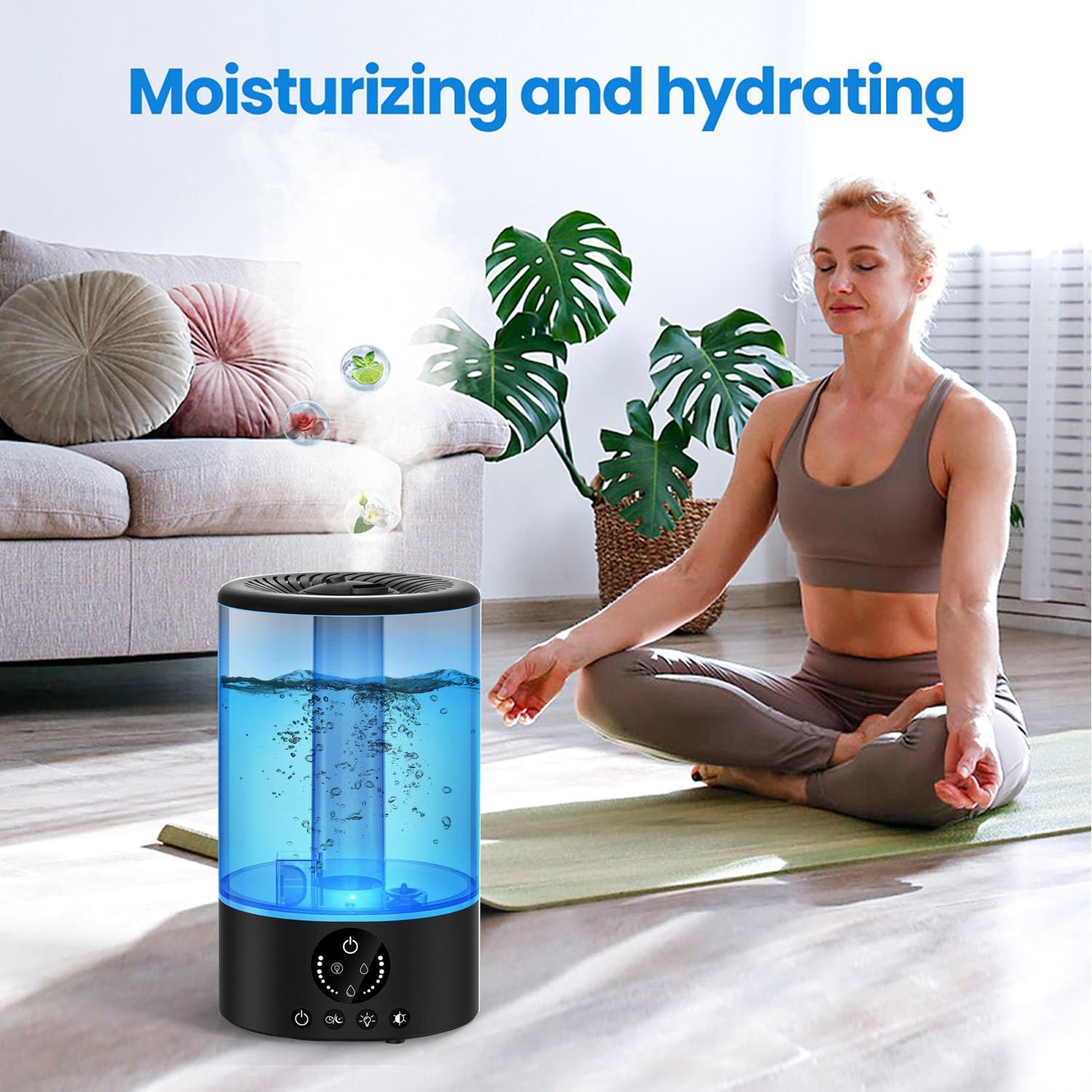 Cool mist humidifier in a home yoga setting, providing moisture and hydration.