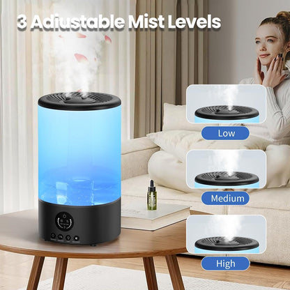 Cool mist humidifier on a table with mist level settings displayed: low, medium, and high.