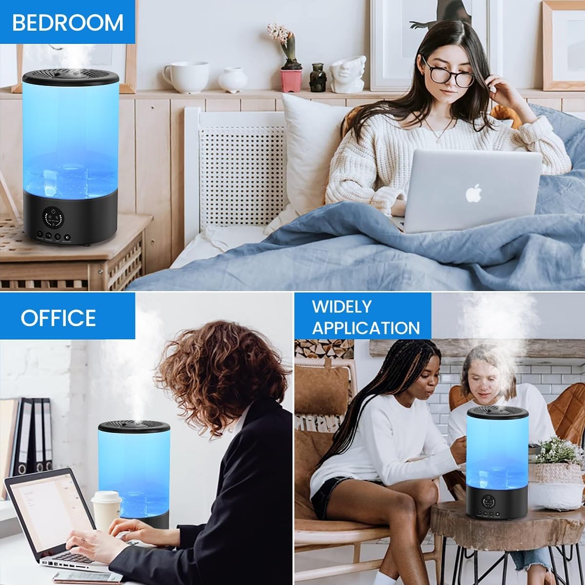 Cool mist humidifier shown in bedroom, office, and living room settings, highlighting versatility.