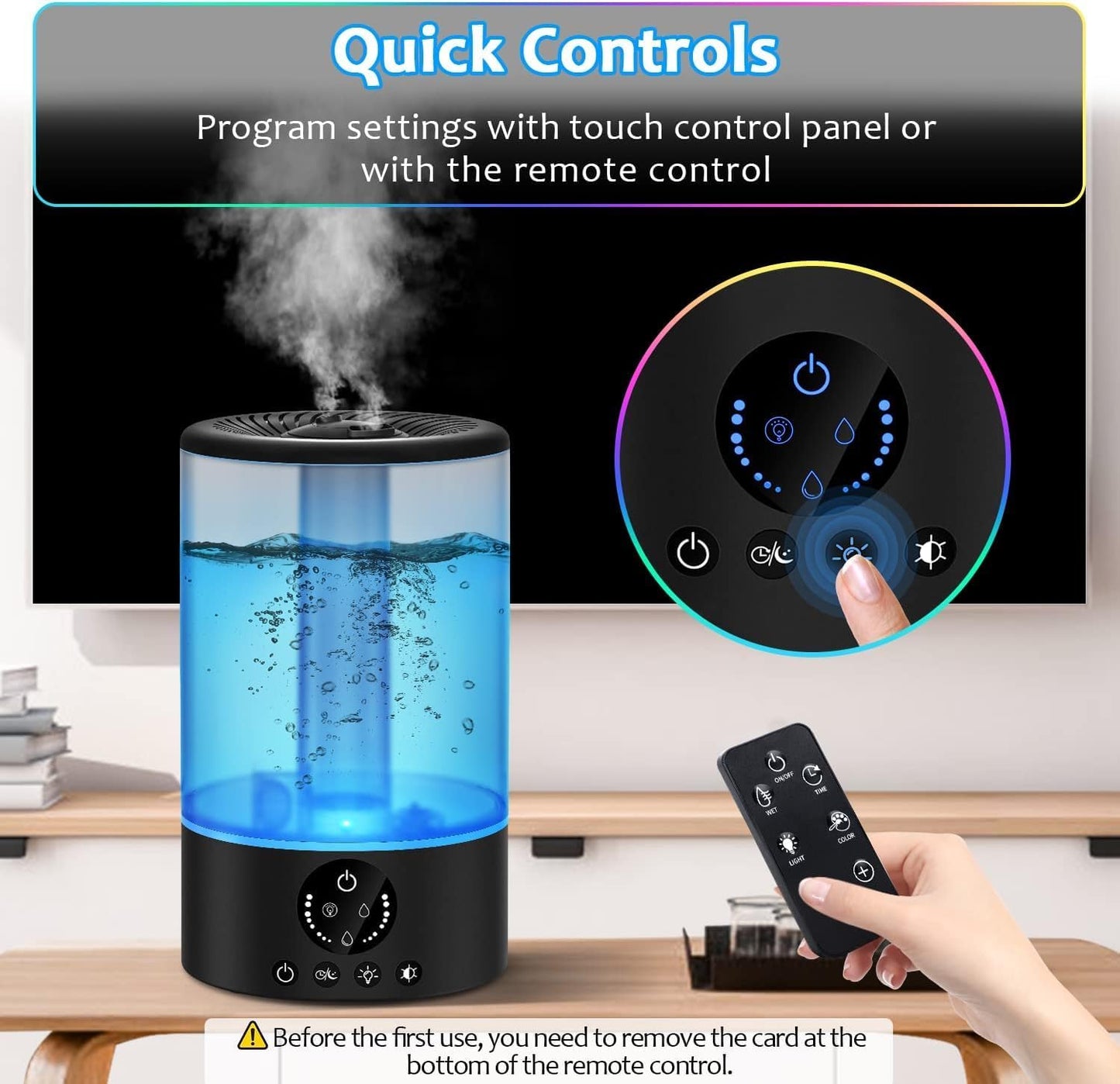 Close-up of cool mist humidifier with touch control and remote, showing easy control options.