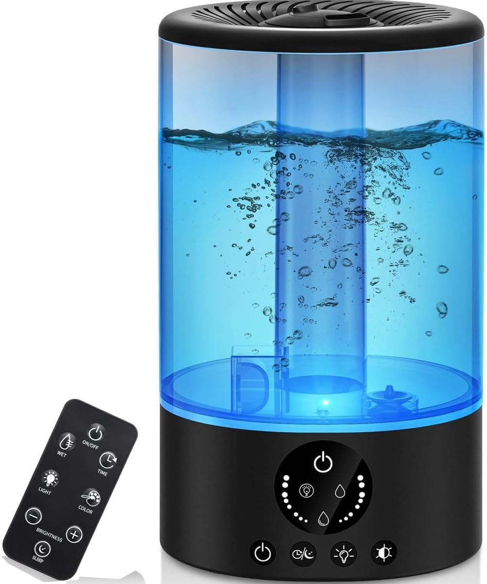 Cool mist humidifier with a transparent blue water tank, black base, and remote control.