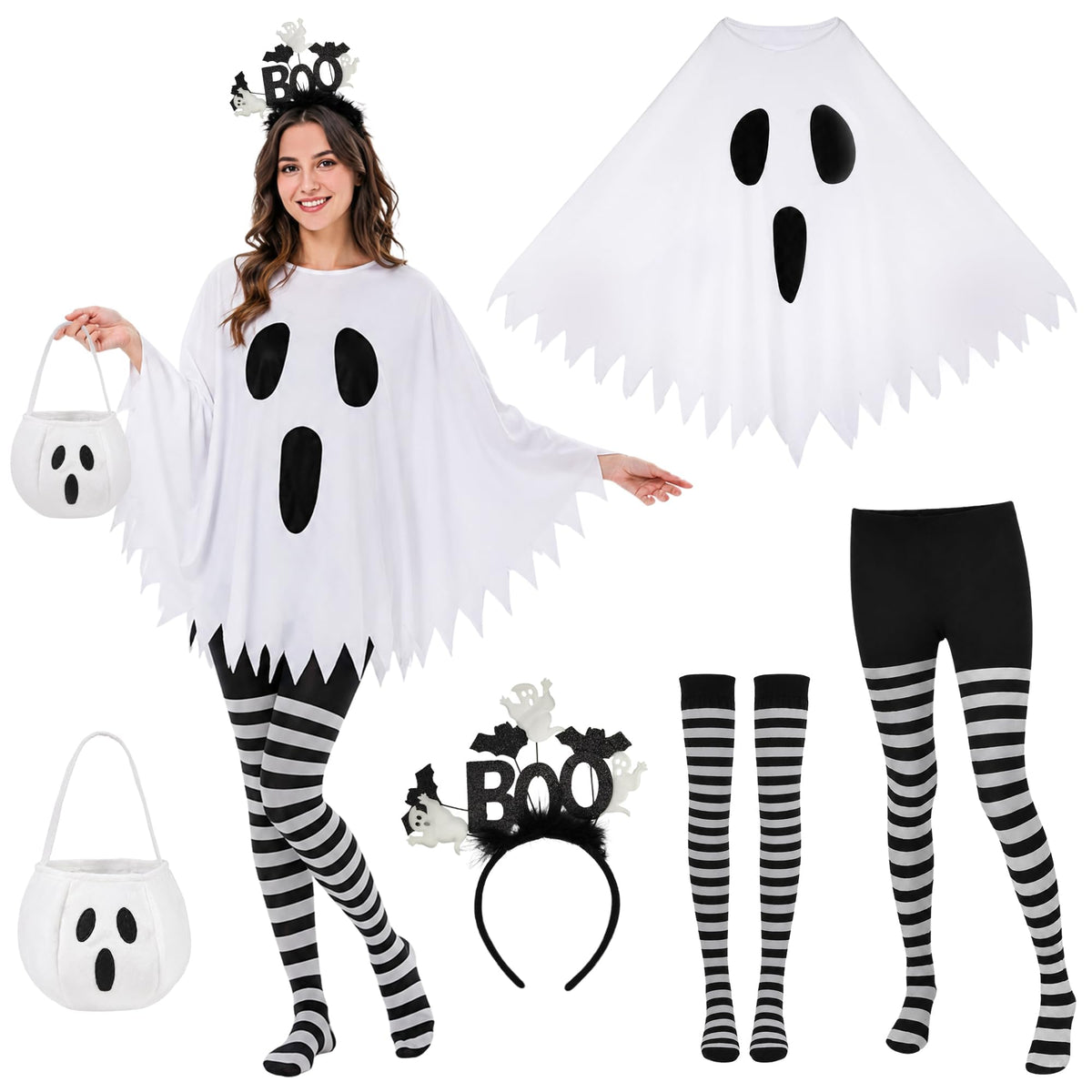Women’s 5-piece ghost Halloween costume set with poncho, tights, socks, headband and candy bag