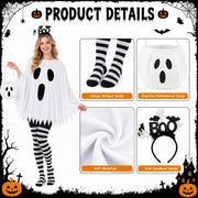 Women’s ghost costume details with striped socks, embroidered candy bag, soft material and BOO headband