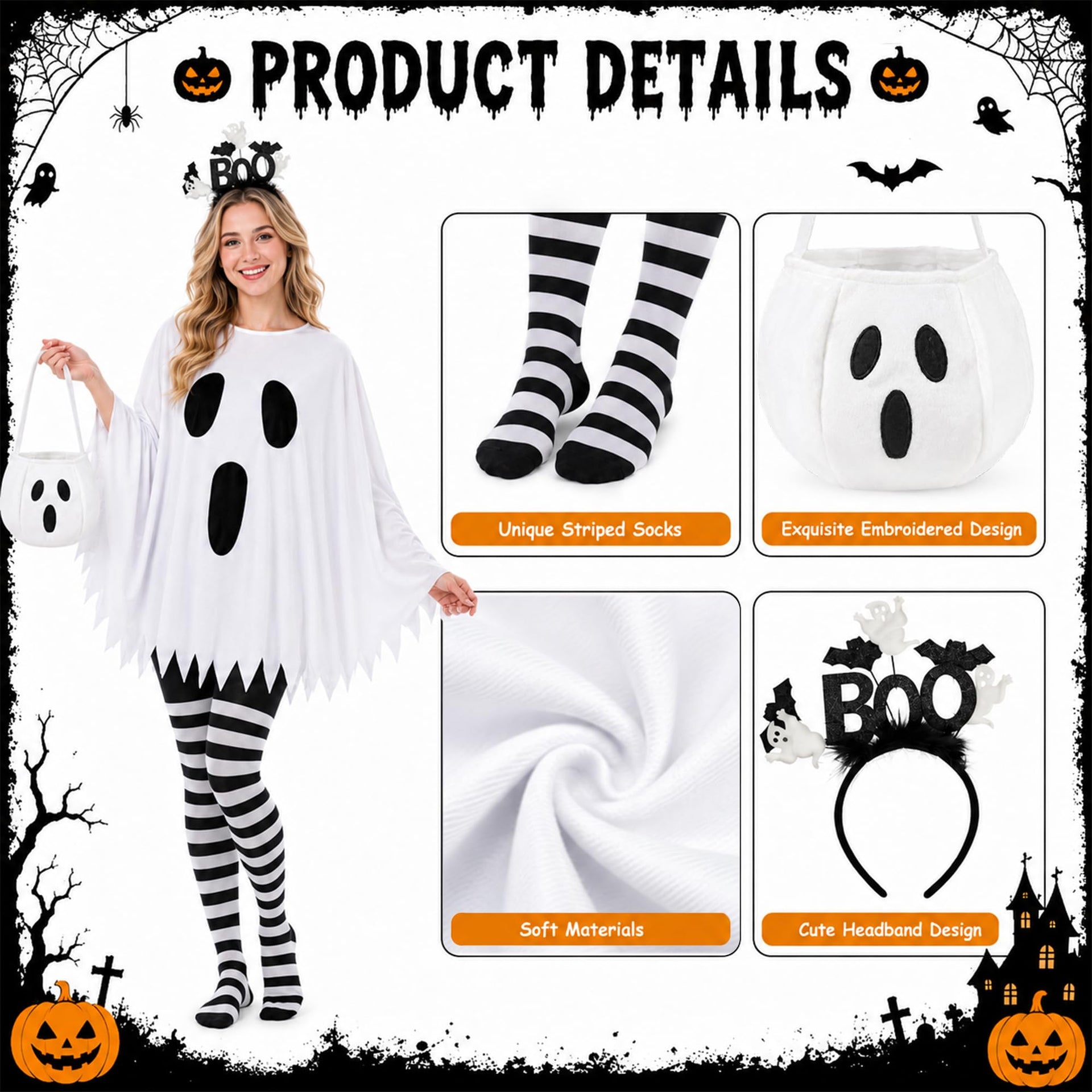 Women’s ghost costume details with striped socks, embroidered candy bag, soft material and BOO headband