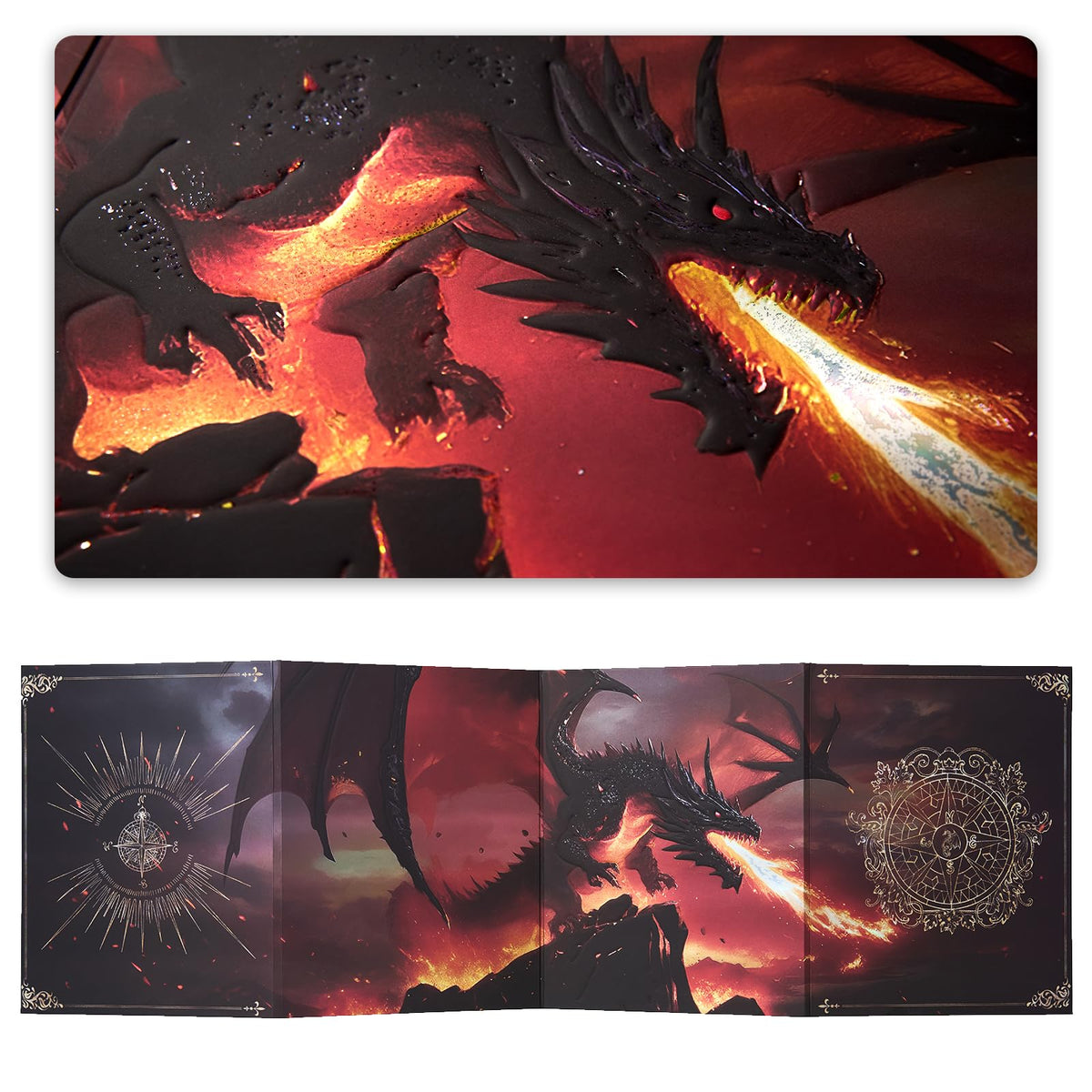 Premium 4-panel magnetic DM screen featuring a 3D embossed black dragon breathing fire.